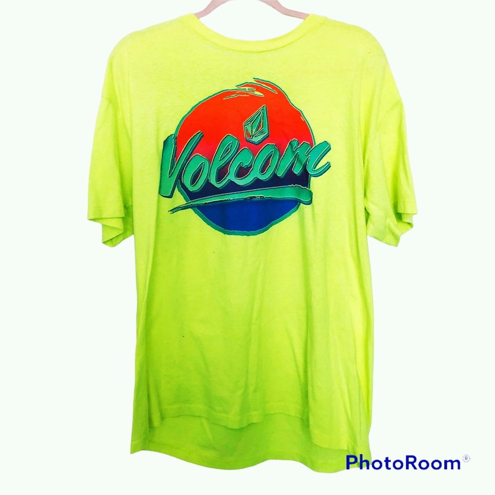 Neon Volcom spellout yellow green graphic tee XL